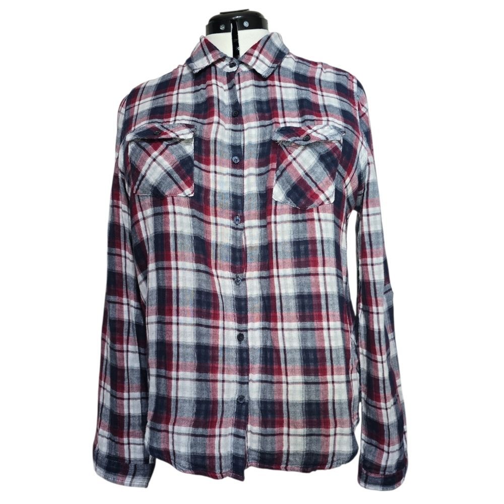 Charlotte Russe Plaid Button Down Shirt XL Red Navy Grunge Y2K Casual Cabincore